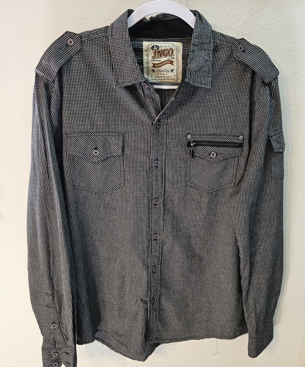 JNCO Crown Men's SZ M Black Check Shirt Button 100% Cotton Epaulets Stylish